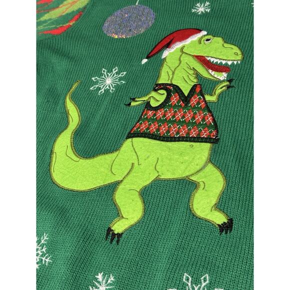 Vintage Jolly Sweaters Large Green Christmas Disco Dancing T-Rex Sweater - Picture 5 of 14